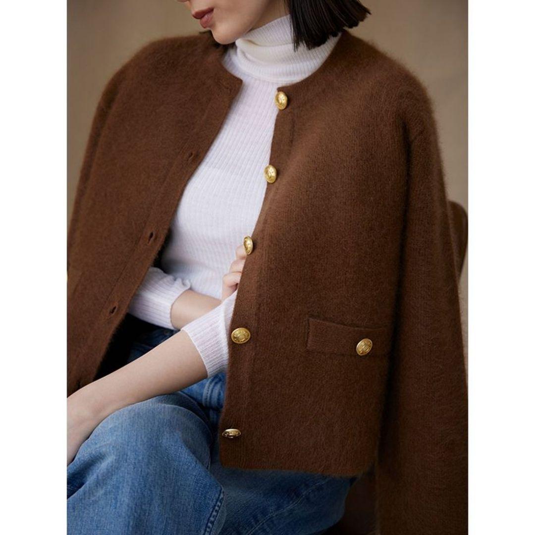 anuans アニュアンス◆ラクーンブレンドノーカラーニットジャケット◆キャメル