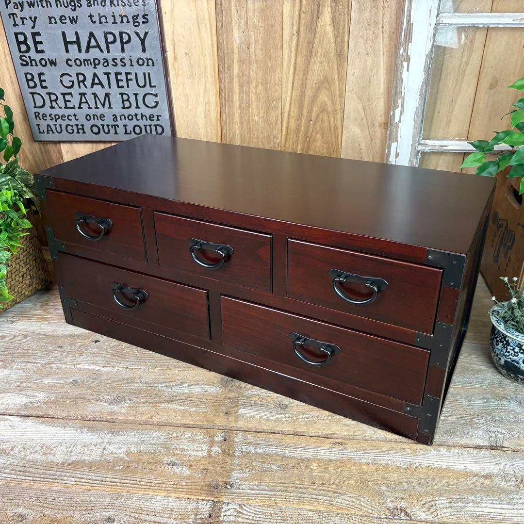 民芸家具☆木製桐材天然無垢和タンスチェスト横長（80㎝）飾り棚収納家具和室