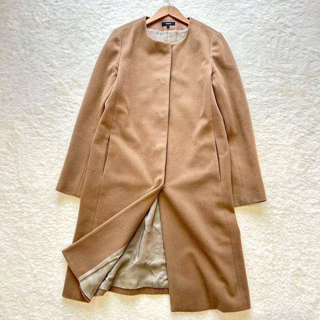 Theoryセオリー ノーカラー ロングコート ウール ベージュ S