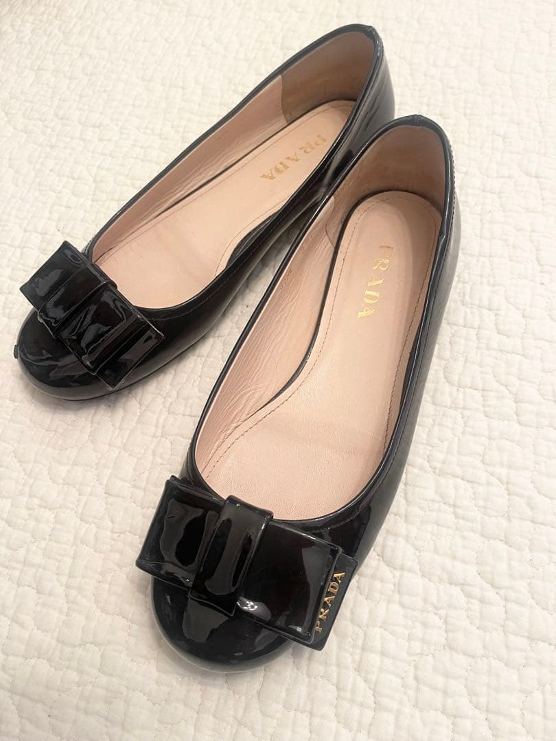 本物 PRADA ブラック フラットシューズ リボン付き38.5