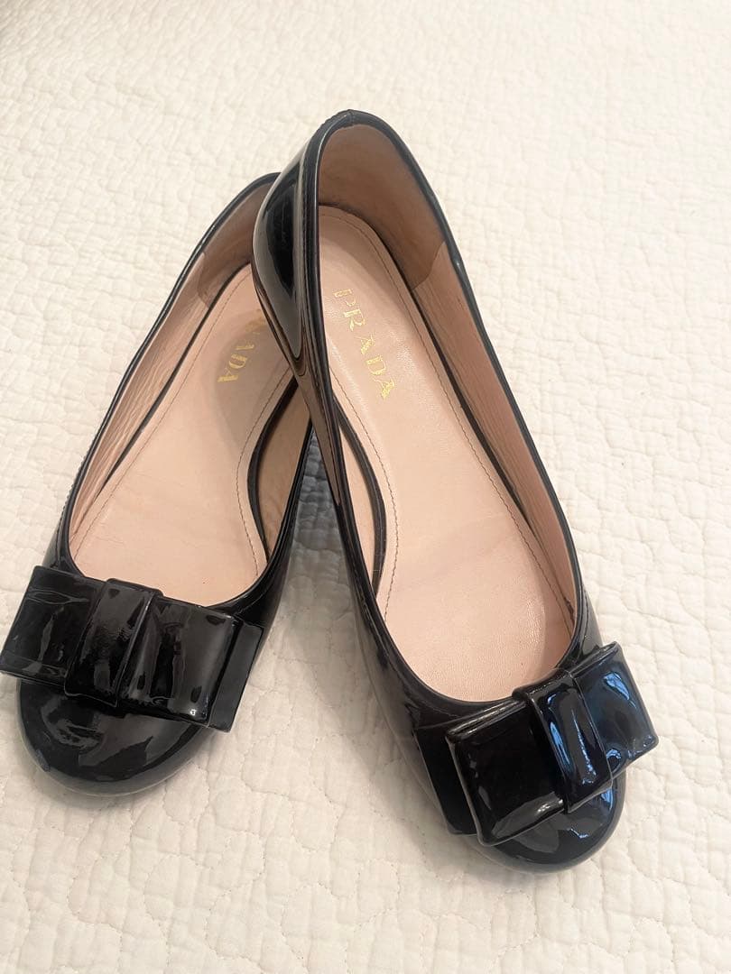 本物 PRADA ブラック フラットシューズ リボン付き38.5