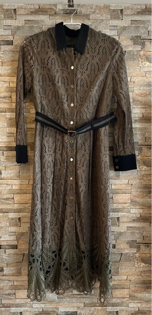 グレースコンチネンタル★38★ダイアグラムオリーブカーキ色レースシャツ襟ドレス