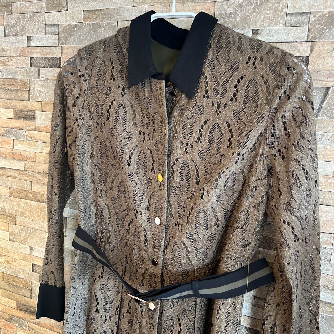 グレースコンチネンタル★38★ダイアグラムオリーブカーキ色レースシャツ襟ドレス