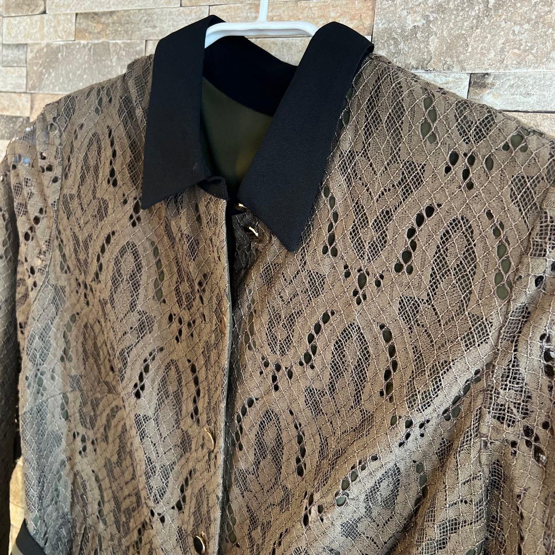 グレースコンチネンタル★38★ダイアグラムオリーブカーキ色レースシャツ襟ドレス