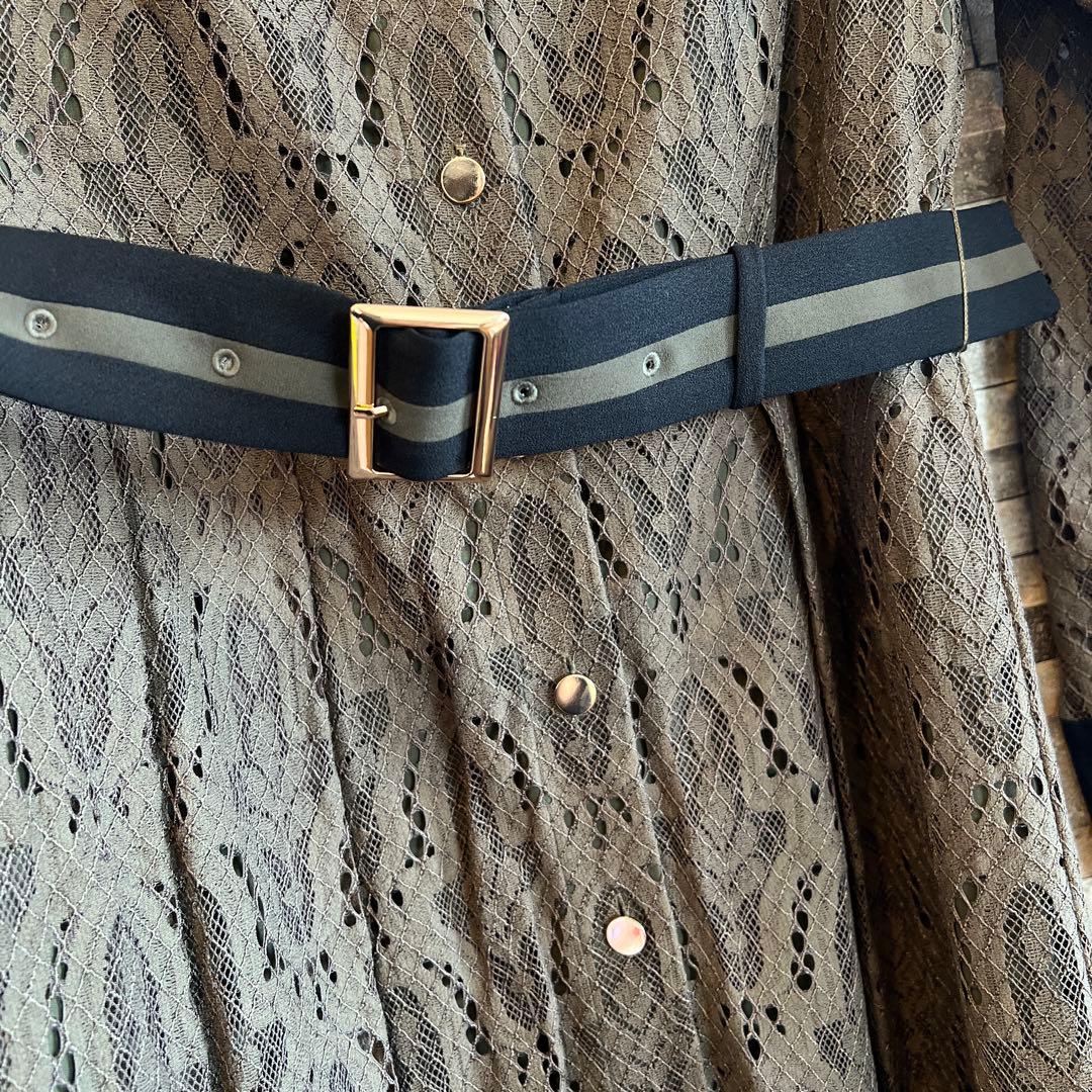 グレースコンチネンタル★38★ダイアグラムオリーブカーキ色レースシャツ襟ドレス