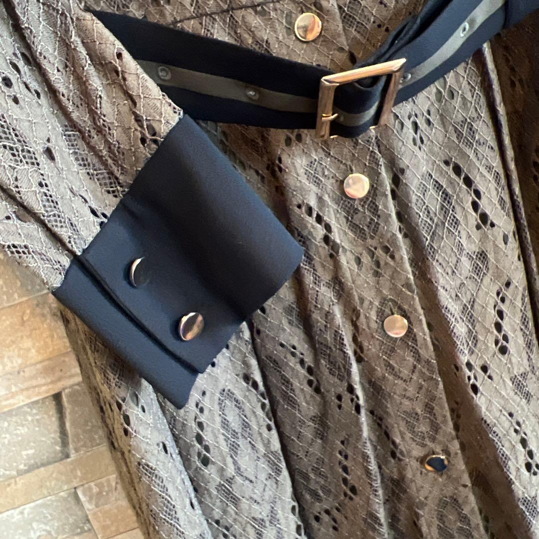 グレースコンチネンタル★38★ダイアグラムオリーブカーキ色レースシャツ襟ドレス