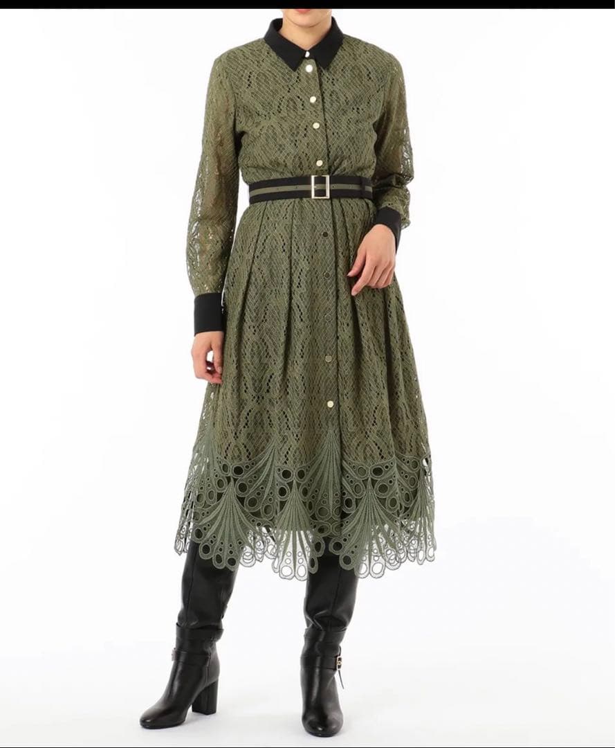 グレースコンチネンタル★38★ダイアグラムオリーブカーキ色レースシャツ襟ドレス