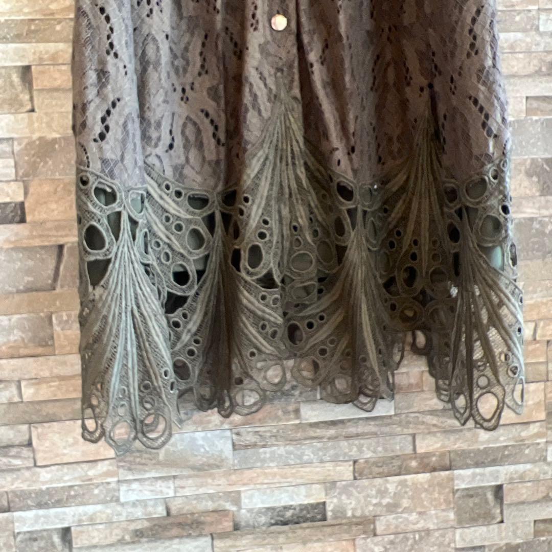 グレースコンチネンタル★38★ダイアグラムオリーブカーキ色レースシャツ襟ドレス