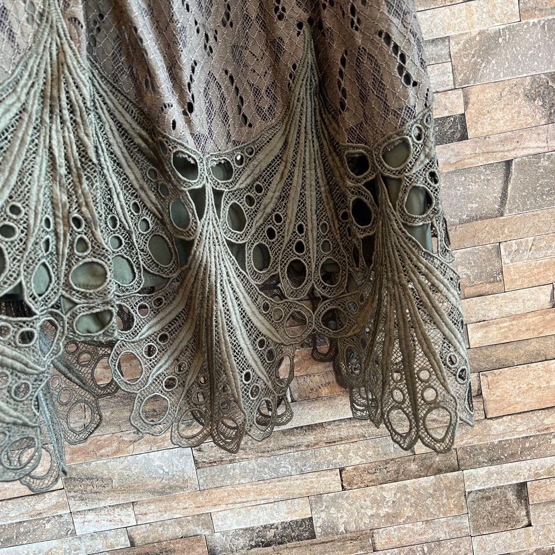 グレースコンチネンタル★38★ダイアグラムオリーブカーキ色レースシャツ襟ドレス