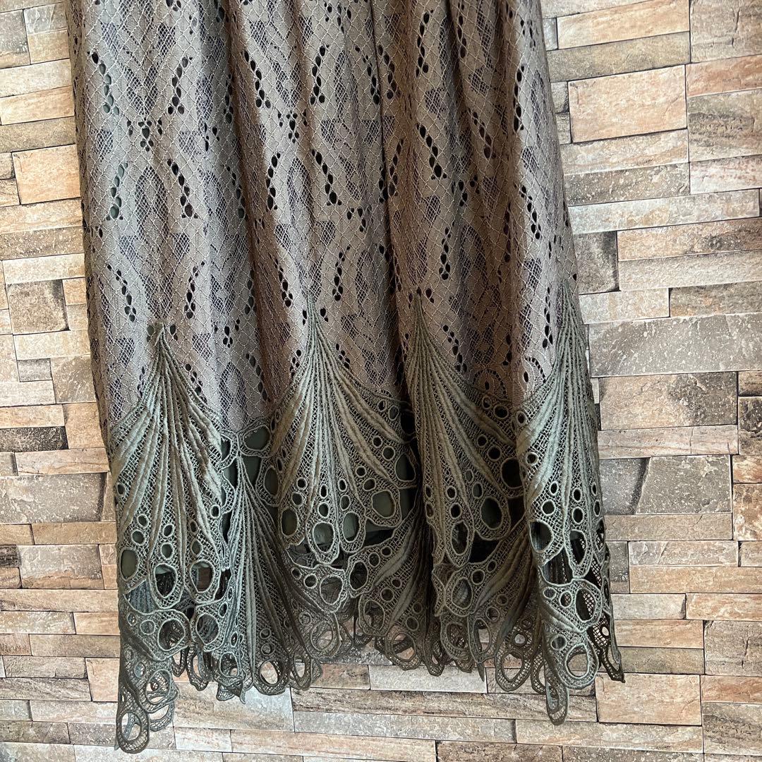 グレースコンチネンタル★38★ダイアグラムオリーブカーキ色レースシャツ襟ドレス