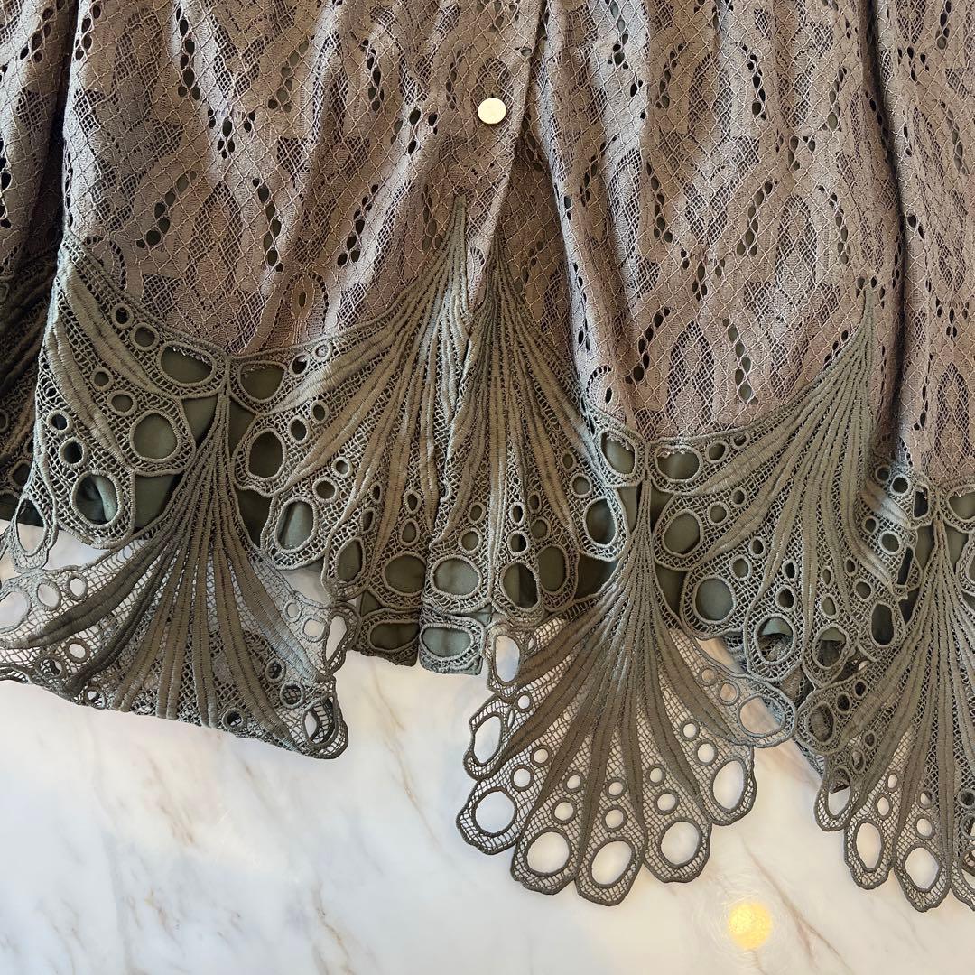 グレースコンチネンタル★38★ダイアグラムオリーブカーキ色レースシャツ襟ドレス