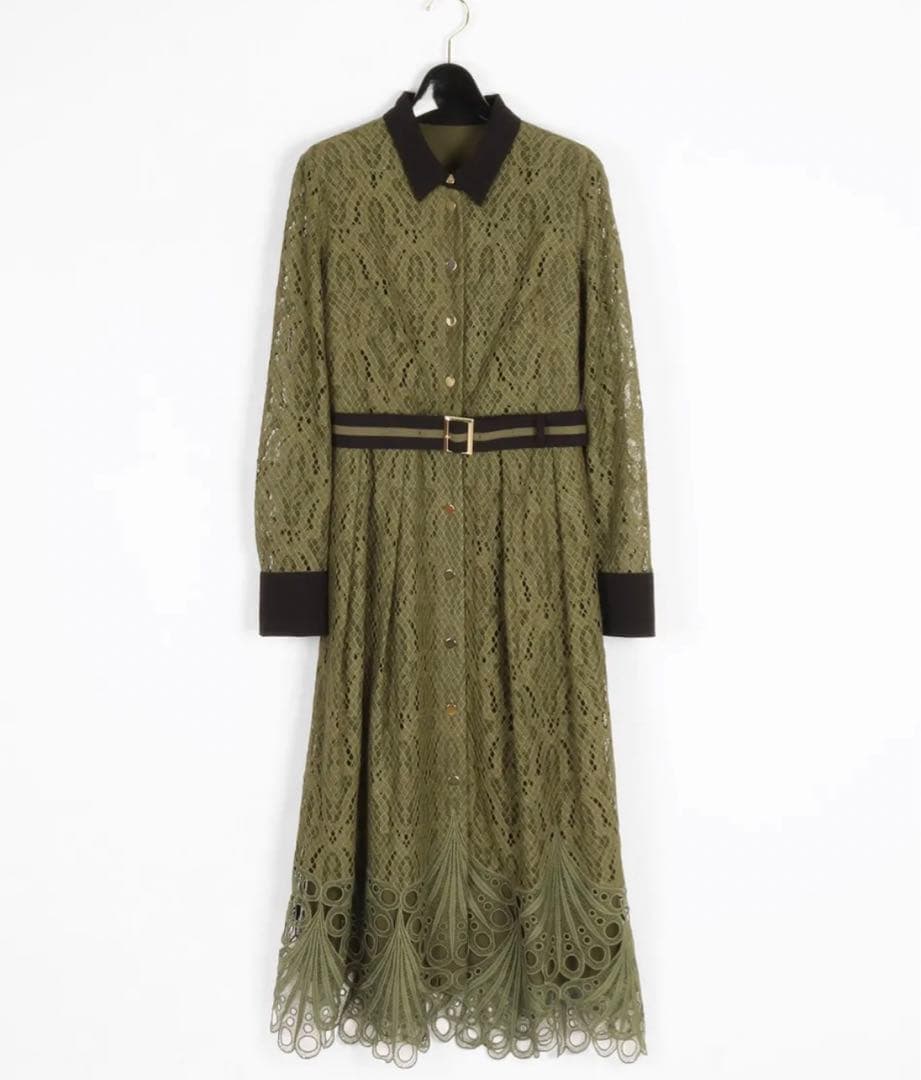 グレースコンチネンタル★38★ダイアグラムオリーブカーキ色レースシャツ襟ドレス
