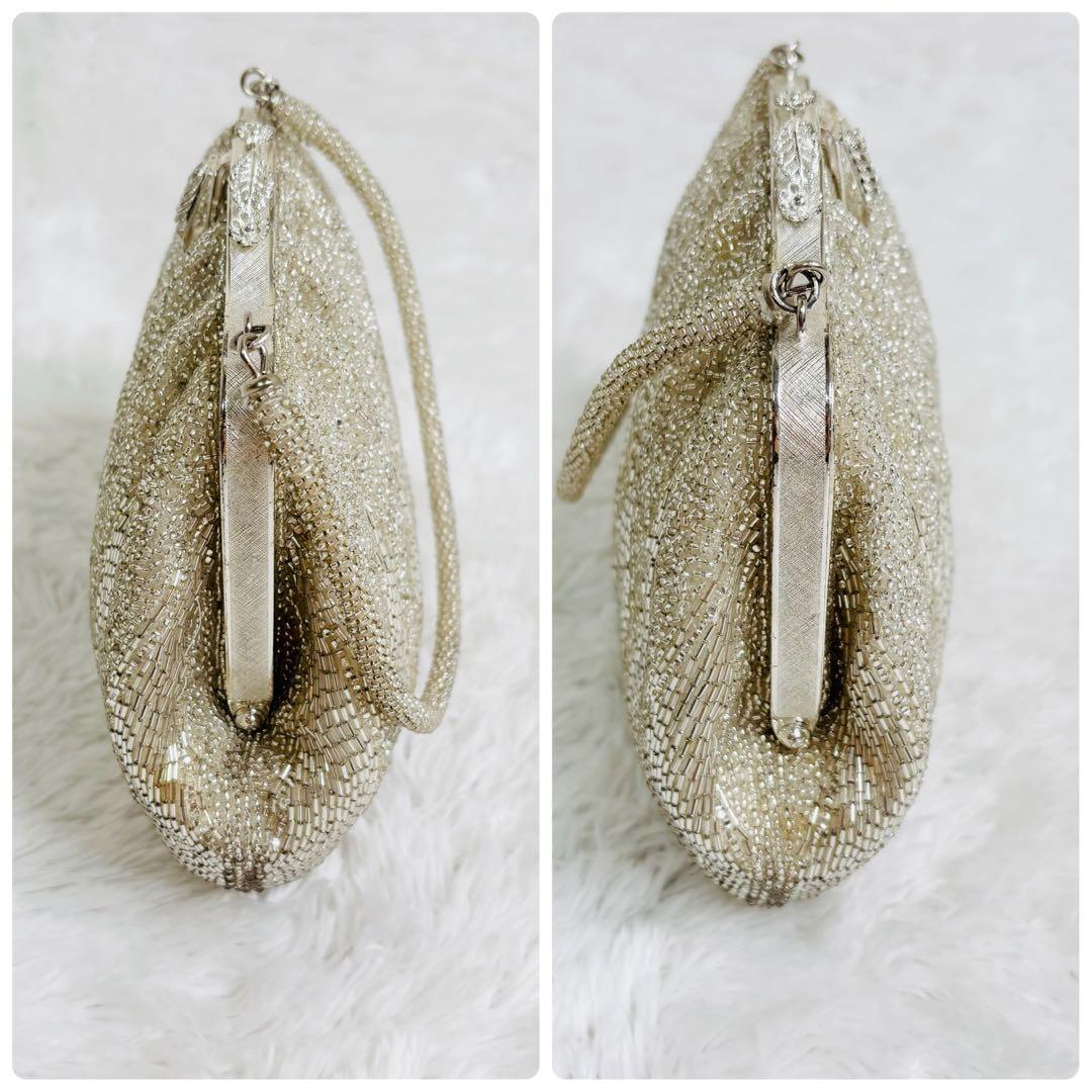 美品✨ビーズバッグ 総ビーズ 和装 パーティーバッグ がま口 シルバー