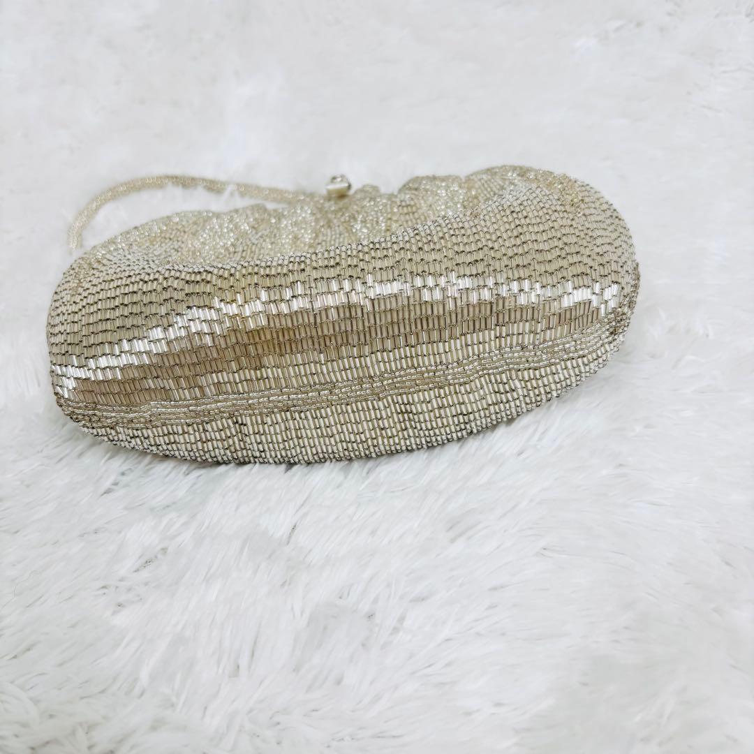 美品✨ビーズバッグ 総ビーズ 和装 パーティーバッグ がま口 シルバー