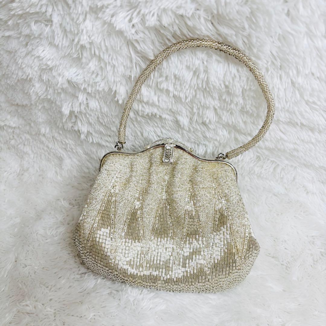 美品✨ビーズバッグ 総ビーズ 和装 パーティーバッグ がま口 シルバー