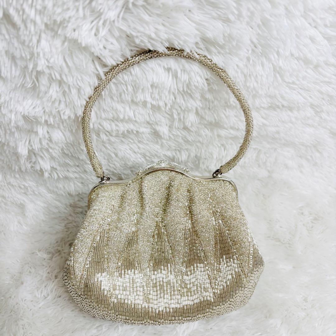 美品✨ビーズバッグ 総ビーズ 和装 パーティーバッグ がま口 シルバー