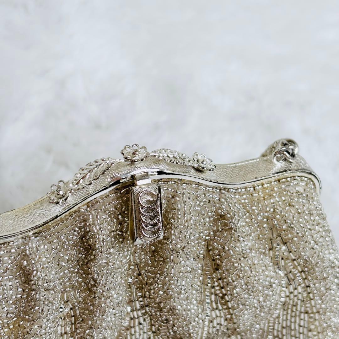 美品✨ビーズバッグ 総ビーズ 和装 パーティーバッグ がま口 シルバー