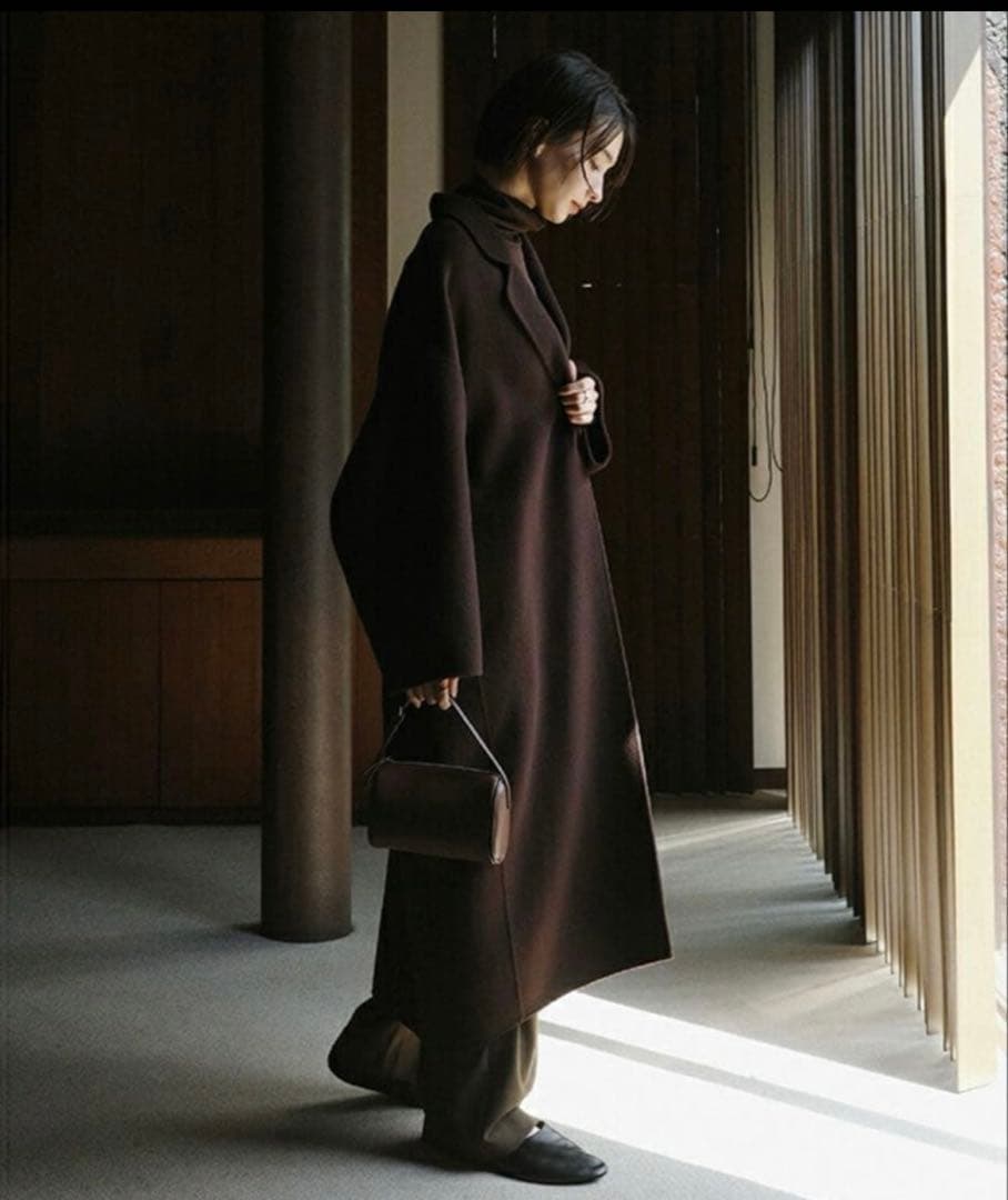 値下げ中！新品evernavyノーカラーリバーコクーンコートブラウンMTサイズ