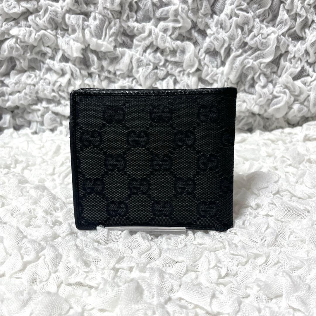 美品✨GUCCI ブラック 二つ折り財布　キャンバス　GG 小銭入れ付　レザー