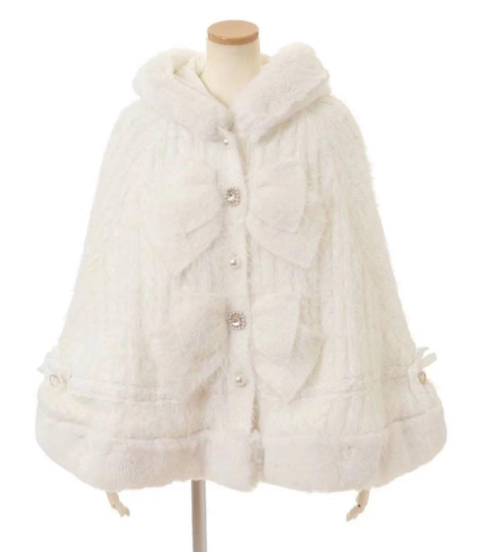 ♡LIZLISA ダブルリボンニットファーポンチョ 冬 白 ほわいと 量産♡