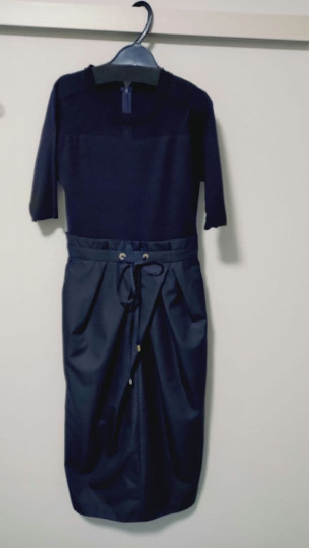 ピンキー＆ダイアンニットコンビタフタワンピース38ネイビー