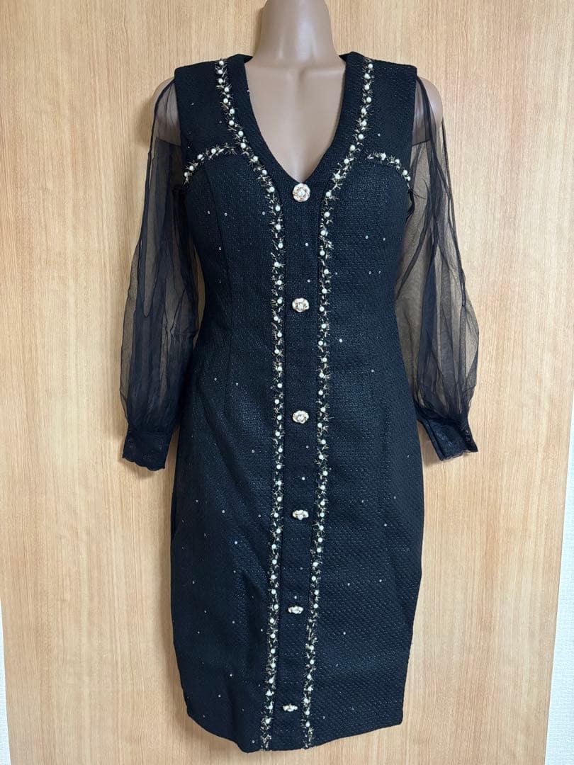 ツイードオープンショルダースリーブドレスbkL