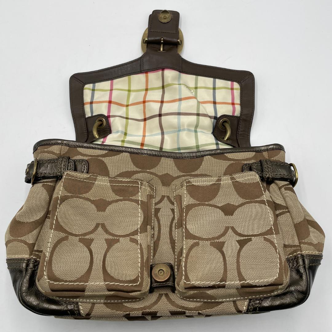 良品 COACH ショルダーバッグ キャンバス レザー ブラウン シグネチャー
