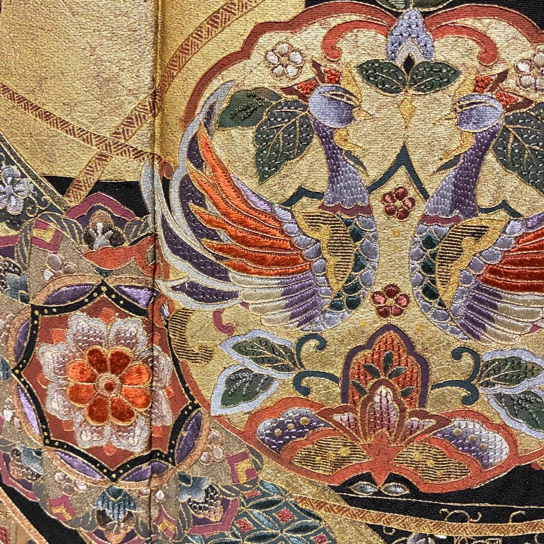D69 黒留袖 総刺繍 汕頭・相良・金駒刺繍 華文 鳳凰 正絹 着物 袷 極美品