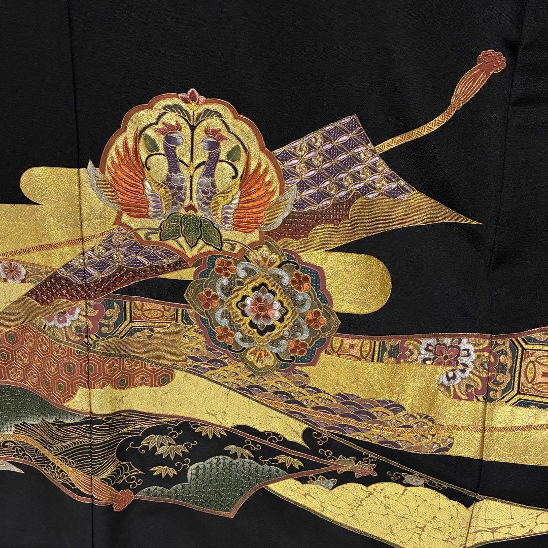D69 黒留袖 総刺繍 汕頭・相良・金駒刺繍 華文 鳳凰 正絹 着物 袷 極美品