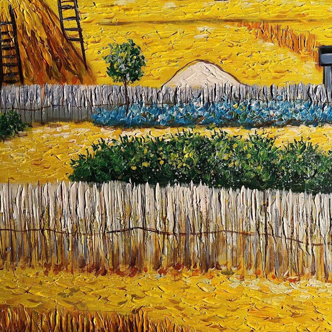 ★特大秀作★手書き油絵 ゴッホ ラ・クローの収穫 肉筆絵画 額付き 油彩画