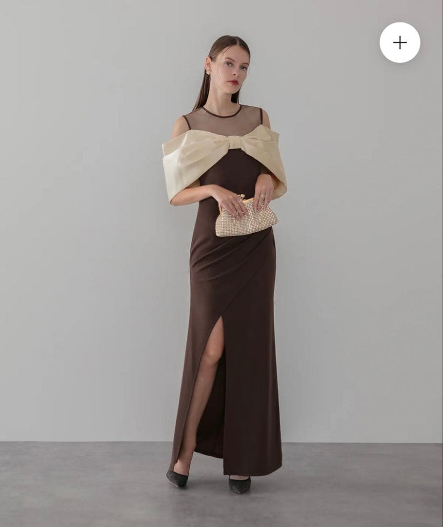 LEJA LUXEブラウンオフショルダーパーティードレス