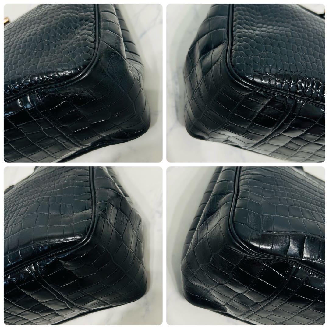 【美品】ロンシャン ロゾ クロコ型押し ハンドバッグ トートバッグ　ブラック　黒