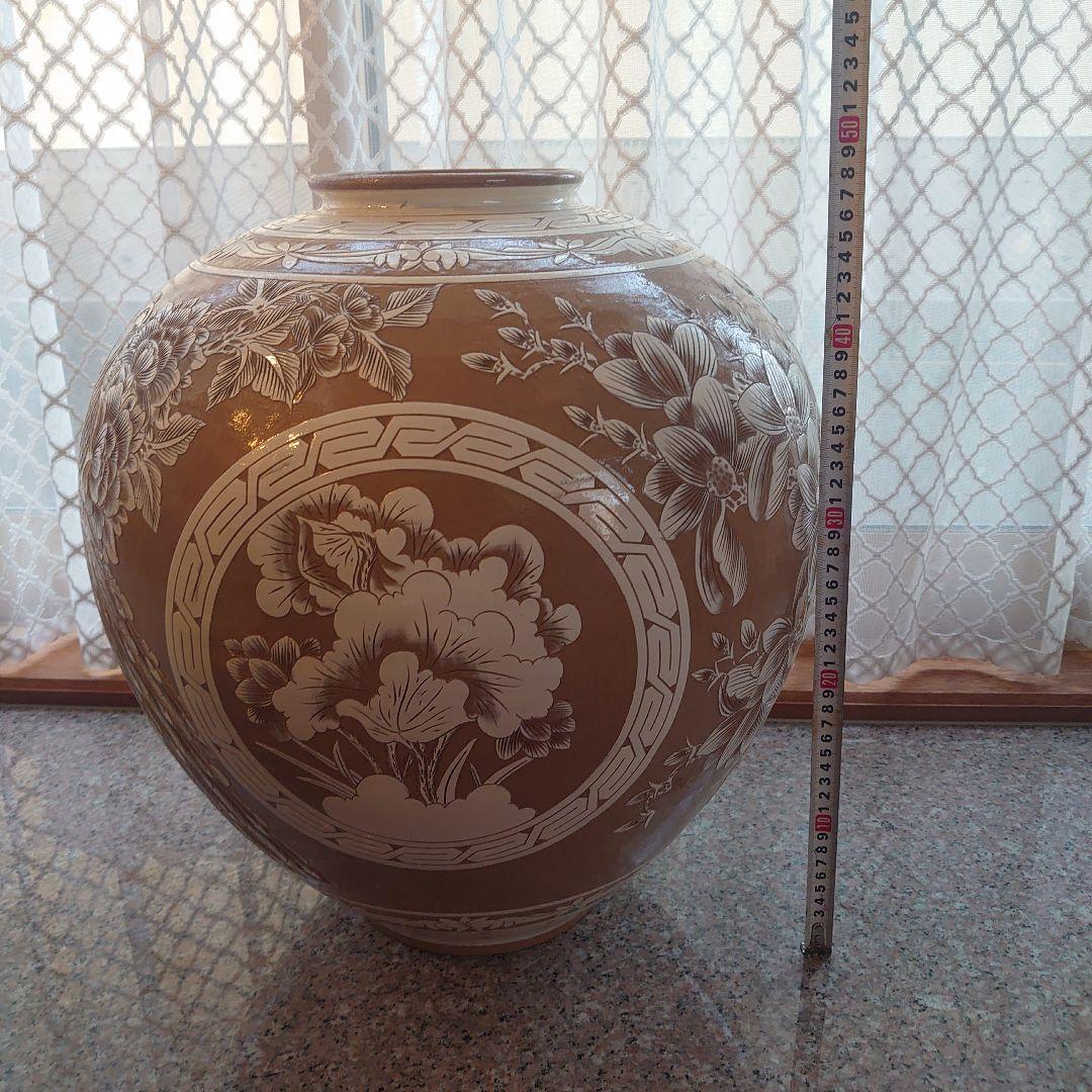 【未使用】菊堂　サイン入り　陶芸　菊孔雀大壺　一点物　50✕40cm