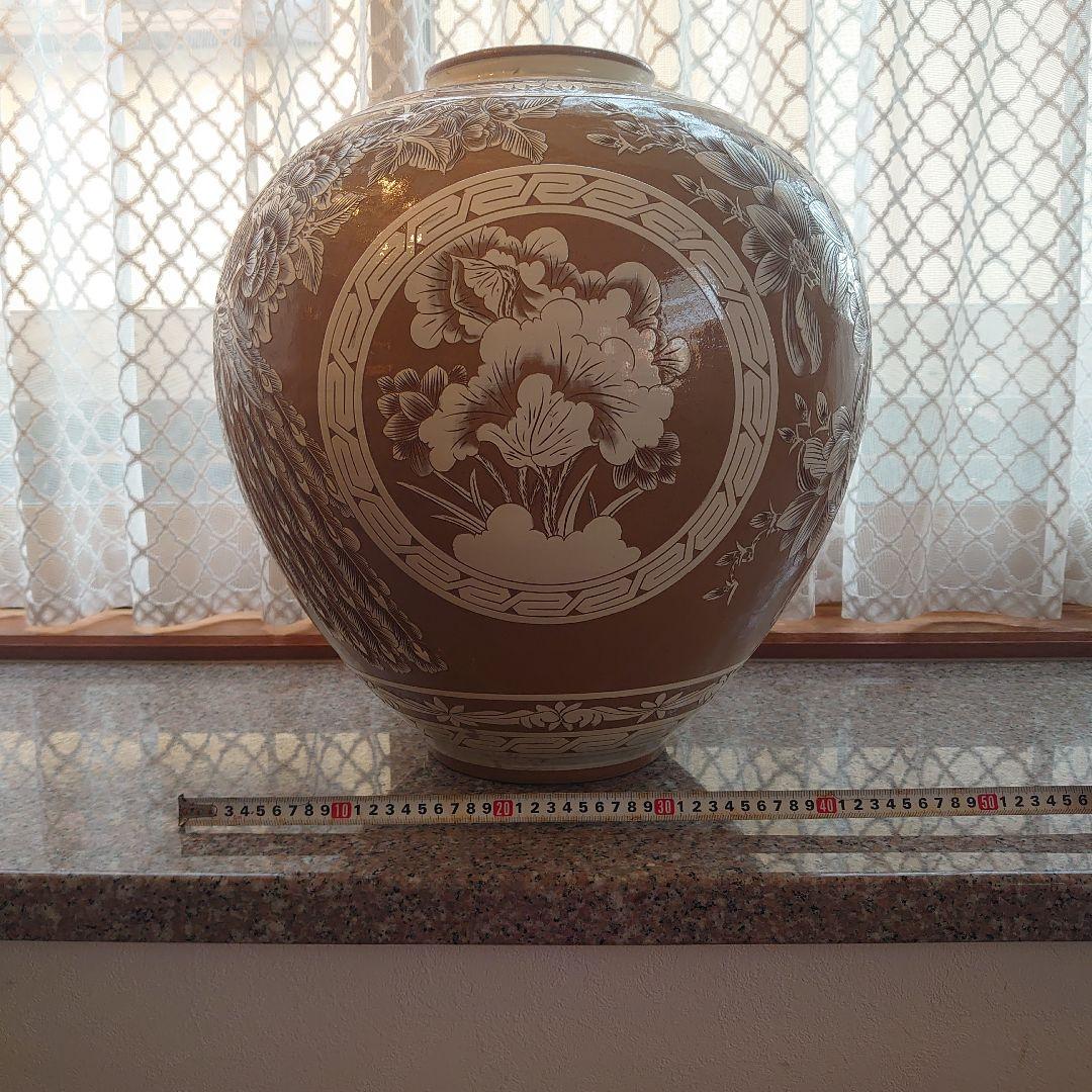 【未使用】菊堂　サイン入り　陶芸　菊孔雀大壺　一点物　50✕40cm