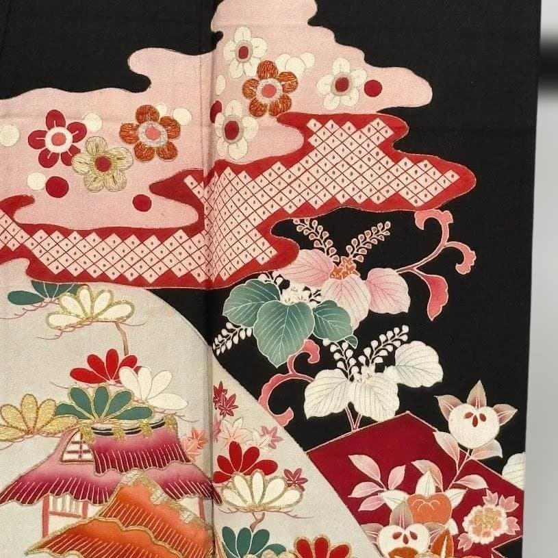 まりこさん専用　アンティーク　黒留袖　両褄　駒刺繍　大正ロマン　正絹　J101