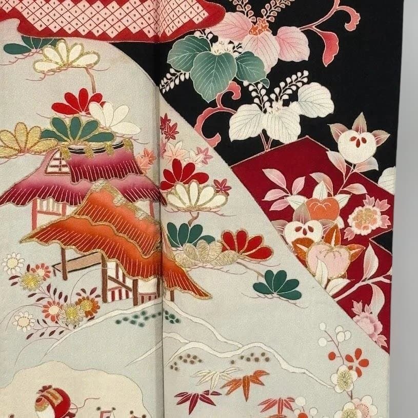 まりこさん専用　アンティーク　黒留袖　両褄　駒刺繍　大正ロマン　正絹　J101