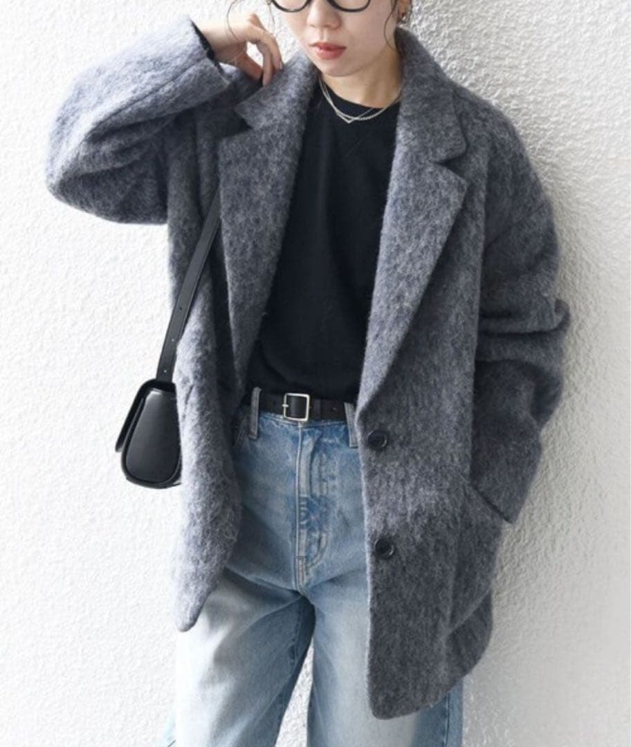 SHIPS any ウール ミックス シャギー シングル コート グレー