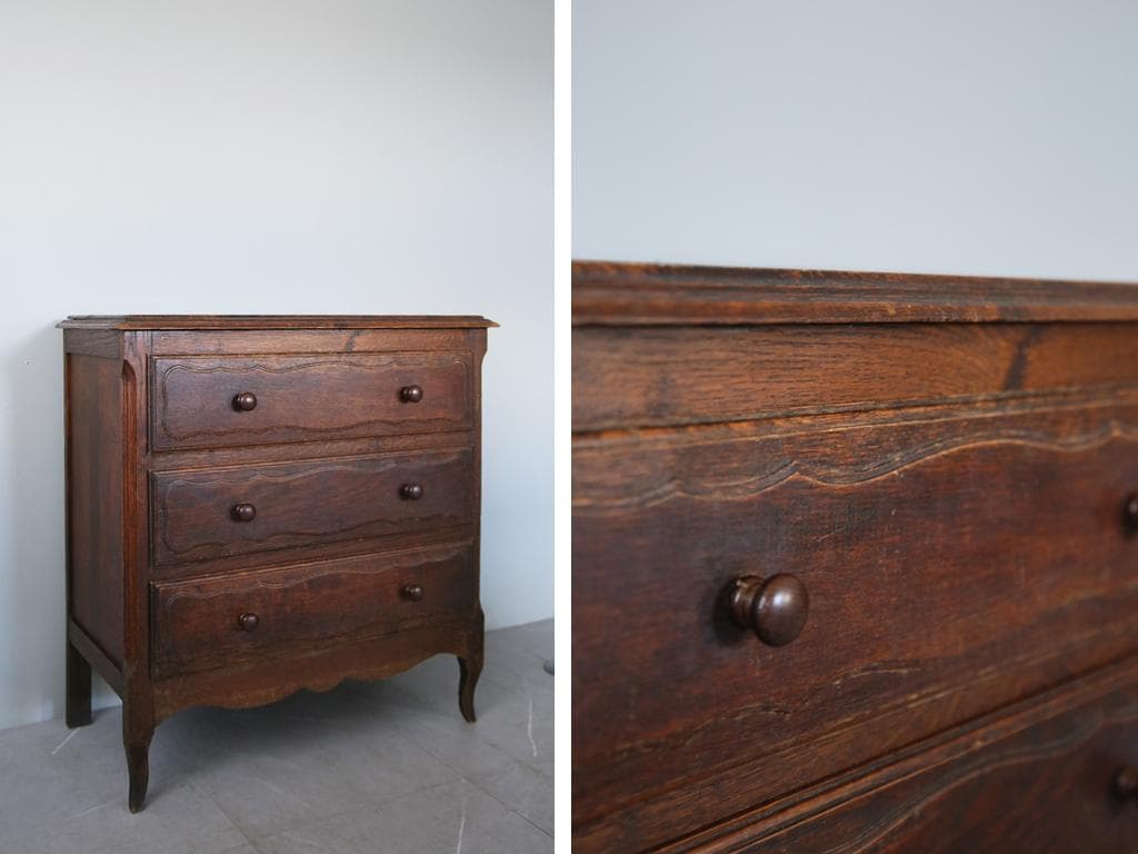フランスアンティーク猫脚3杯ドロワー/木製チェスト/タンス/飾り棚(90-47)