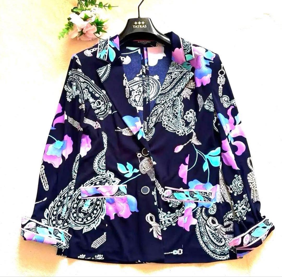 極美品✨️LEONARDカンカン素材人気柄 ジャケット 近年タグ トリム　L