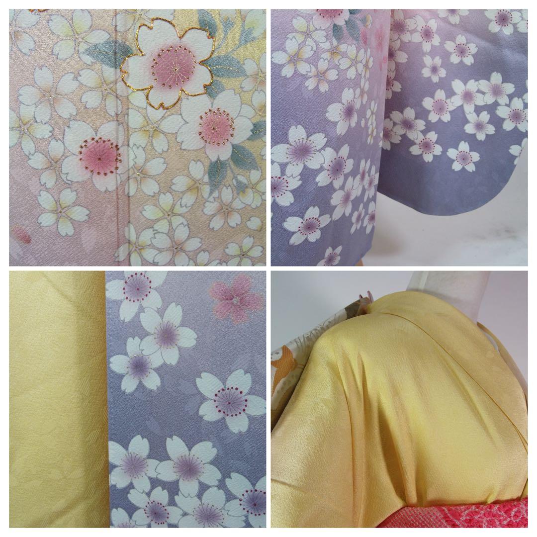 上品華やか】桜流し振袖＊金彩×金駒刺繍／黄×藤紫グラデーション＊パールトーン加工