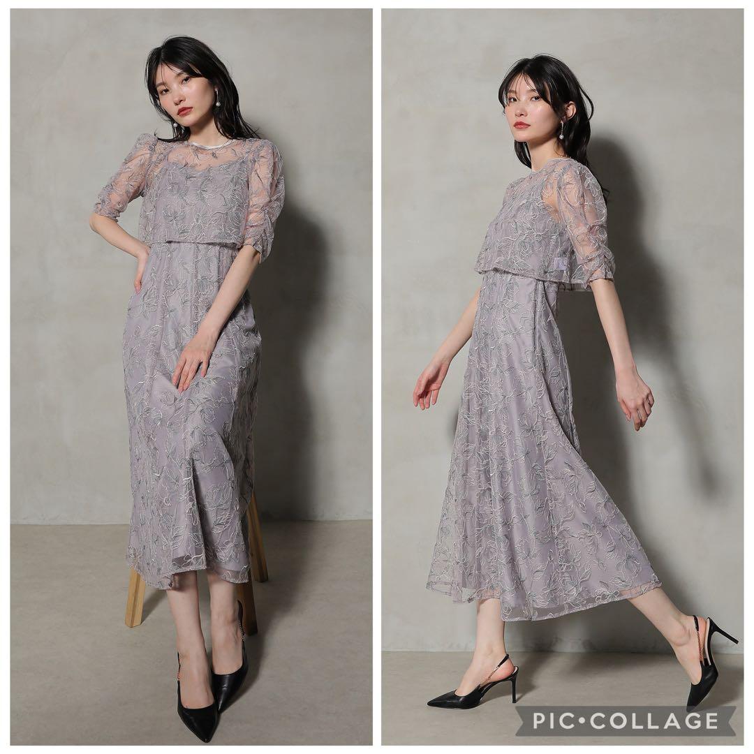 美品　人気　カナ　シャーリングスリーブ総レースフェミニンパーティードレス M