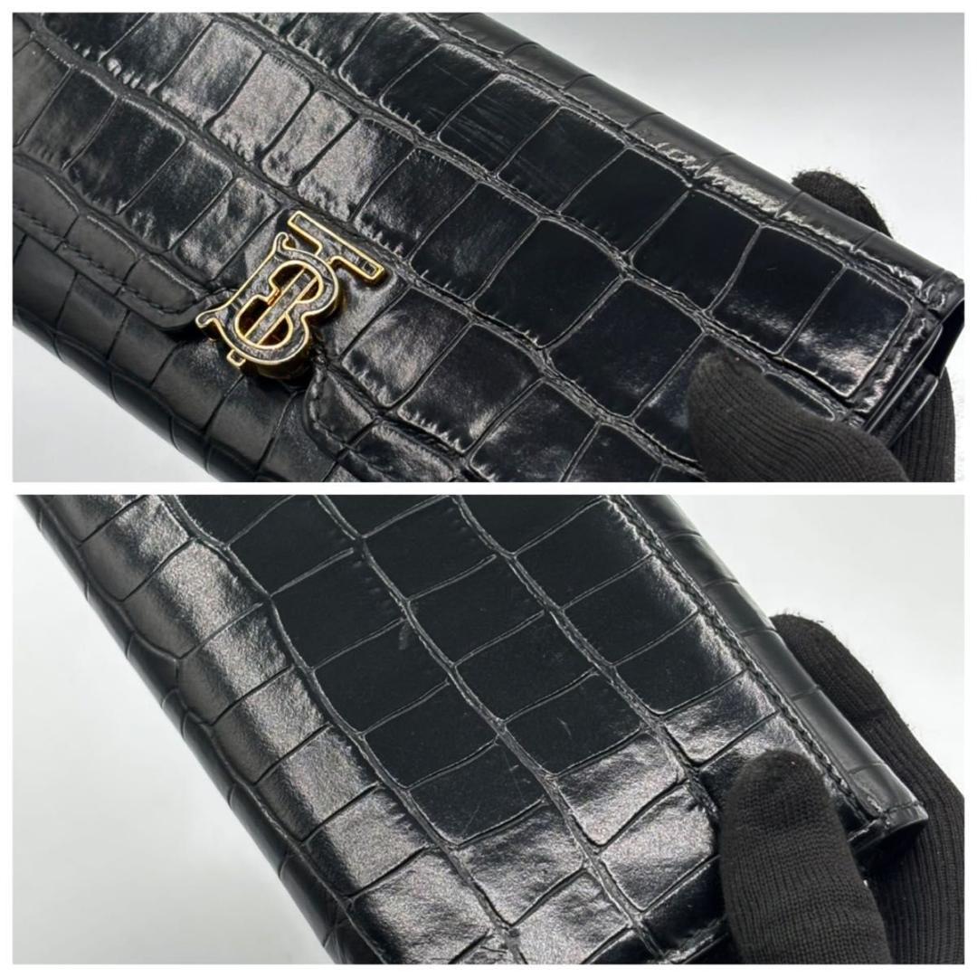 極美品 入手困難 バーバリー 保存袋付属 長財布 BT クロコ 型押し 総柄 黒