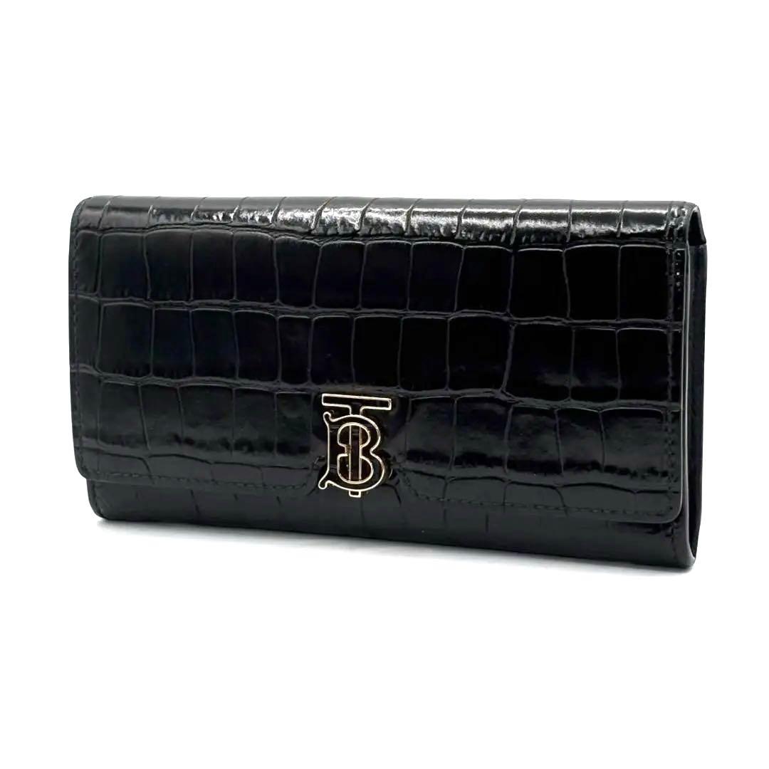 極美品 入手困難 バーバリー 保存袋付属 長財布 BT クロコ 型押し 総柄 黒