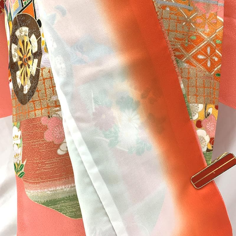 407ag132□七五三 七歳 女児 着物&袋帯&長襦袢 金駒刺繍 御所車□美品