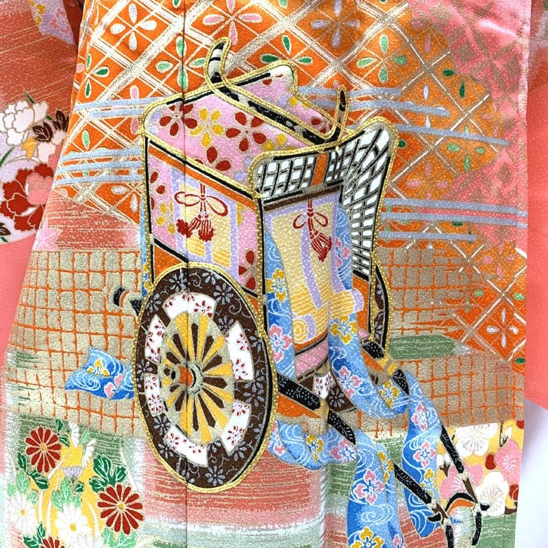 407ag132□七五三 七歳 女児 着物&袋帯&長襦袢 金駒刺繍 御所車□美品