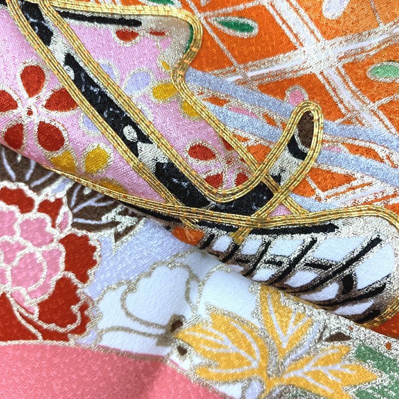 407ag132□七五三 七歳 女児 着物&袋帯&長襦袢 金駒刺繍 御所車□美品