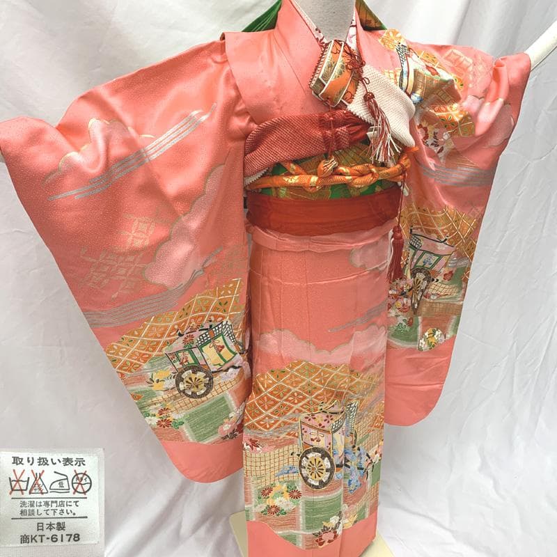 407ag132□七五三 七歳 女児 着物&袋帯&長襦袢 金駒刺繍 御所車□美品