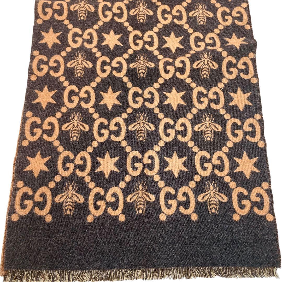 訳あり美品 GUCCI グッチ BEE STAR GG 総柄 ウールマフラー