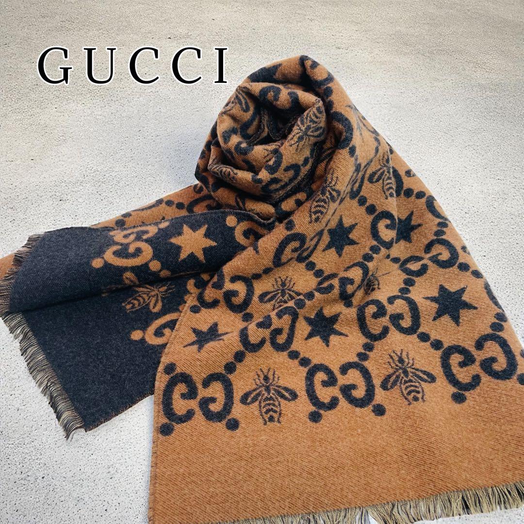 訳あり美品 GUCCI グッチ BEE STAR GG 総柄 ウールマフラー