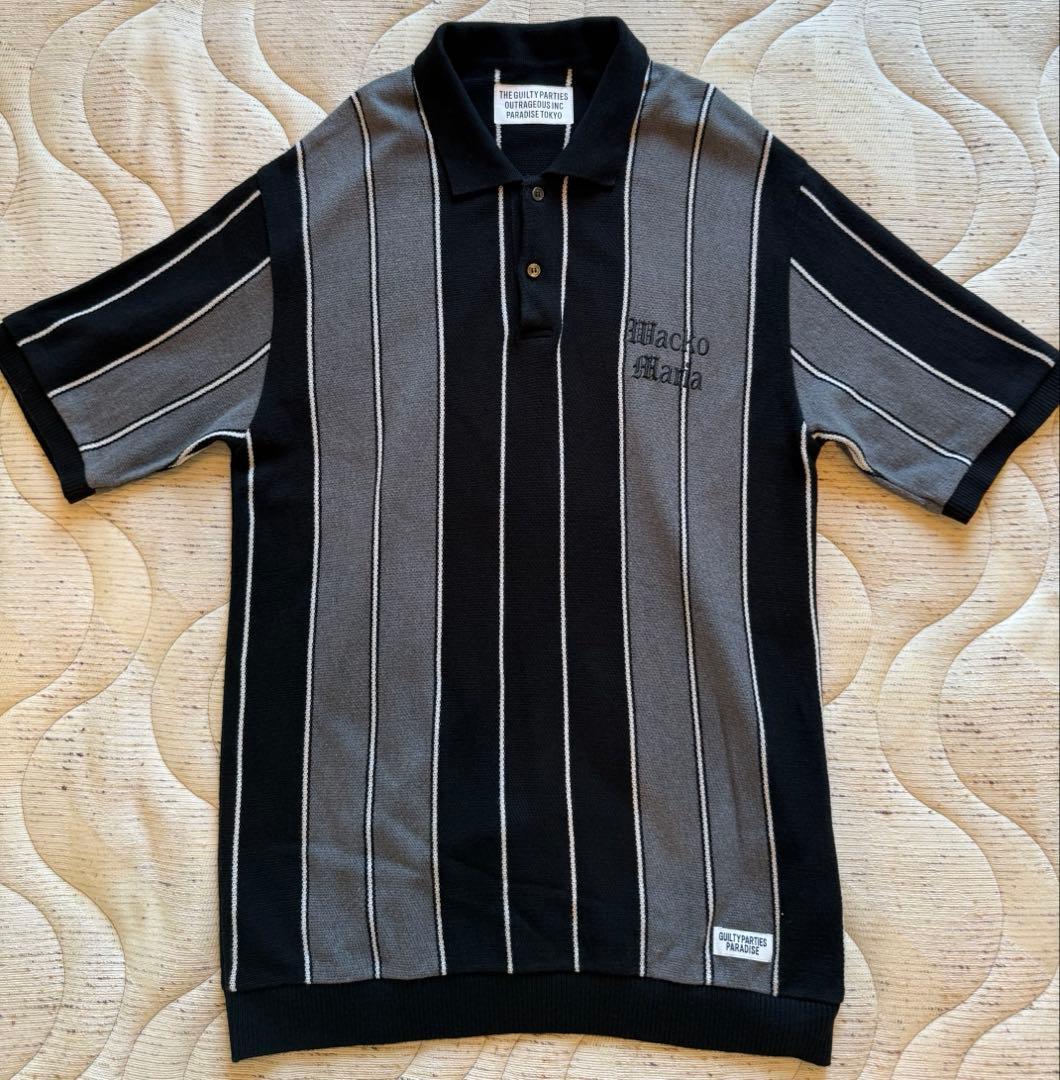 WACKOMARIA ストライプニットポロ　ブラック/グレー